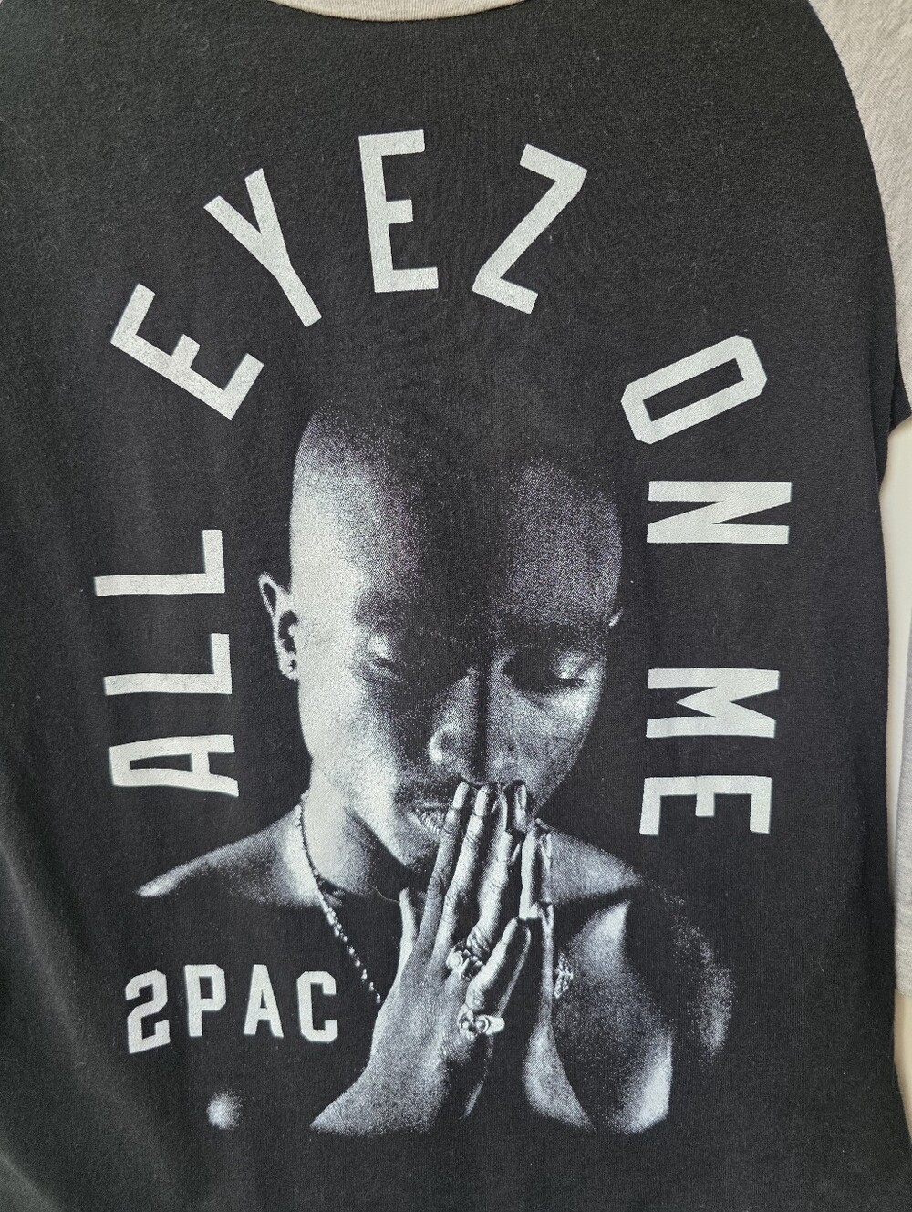Tupac Shakur All Eyez On Me Raglan Baseball Shirt Black Grey Womens Small - Picture 2 of 6
